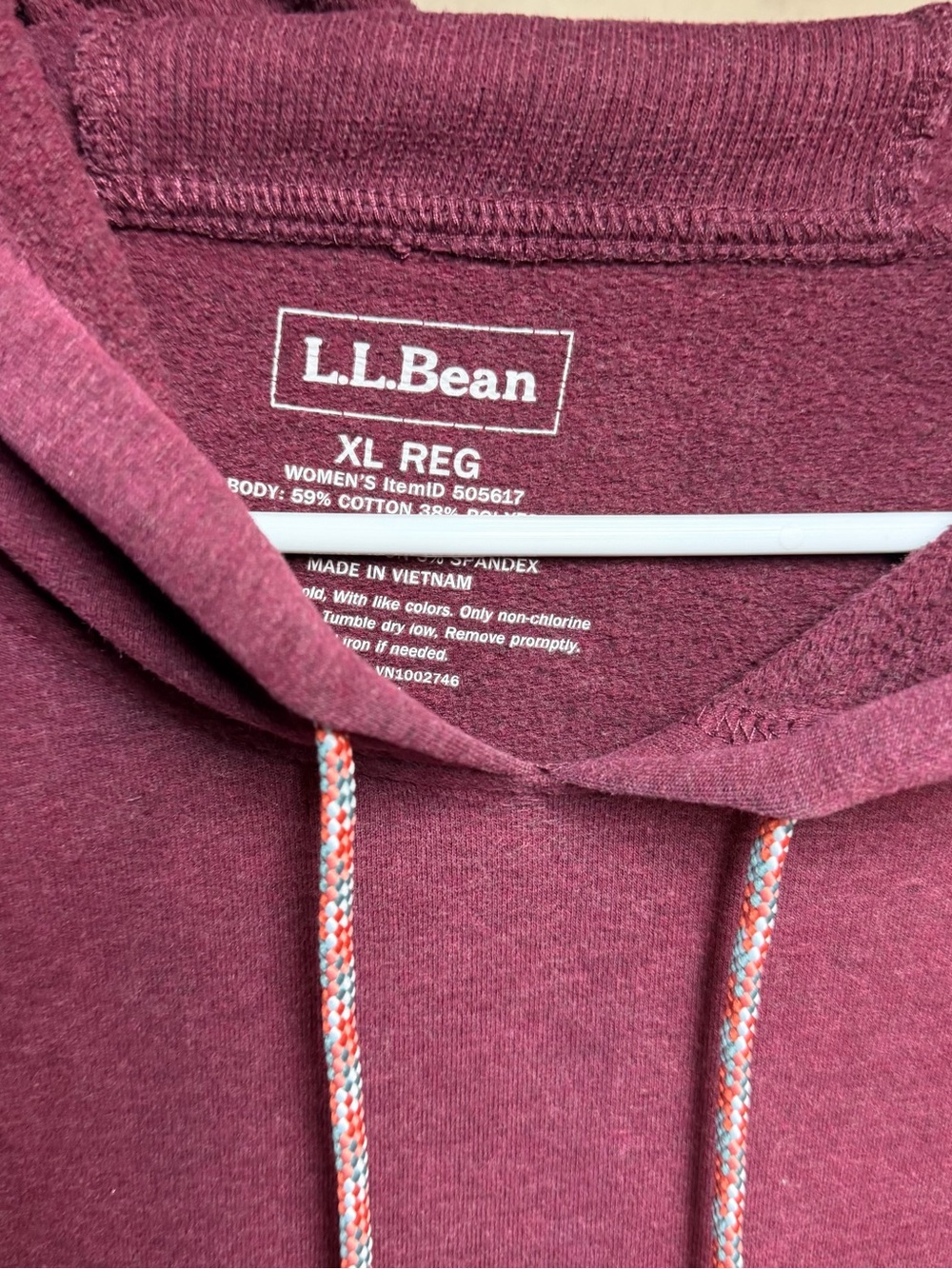 L.L.Bean Maroon Pullover Hoodie with Multicolor Drawcord - Picture 3 of 6